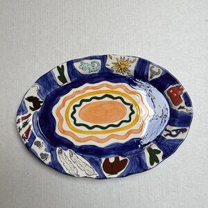 Vintage Hand Painted Pottery Oval Platter Signed Kris Culp 1997 Colorful Feather